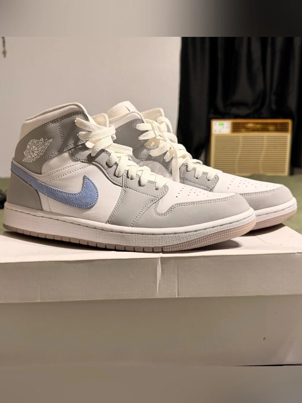 Jordan Mid Sneakers in White, Gray & Light Blue